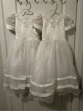 White Girls' Flower Girl Dress with Beaded Bodice